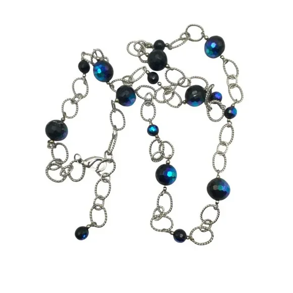 Glass AB Faceted Black Bead Necklace Earring Set Silver Tone 36" Chain 2" Dangle - Picture 5 of 8